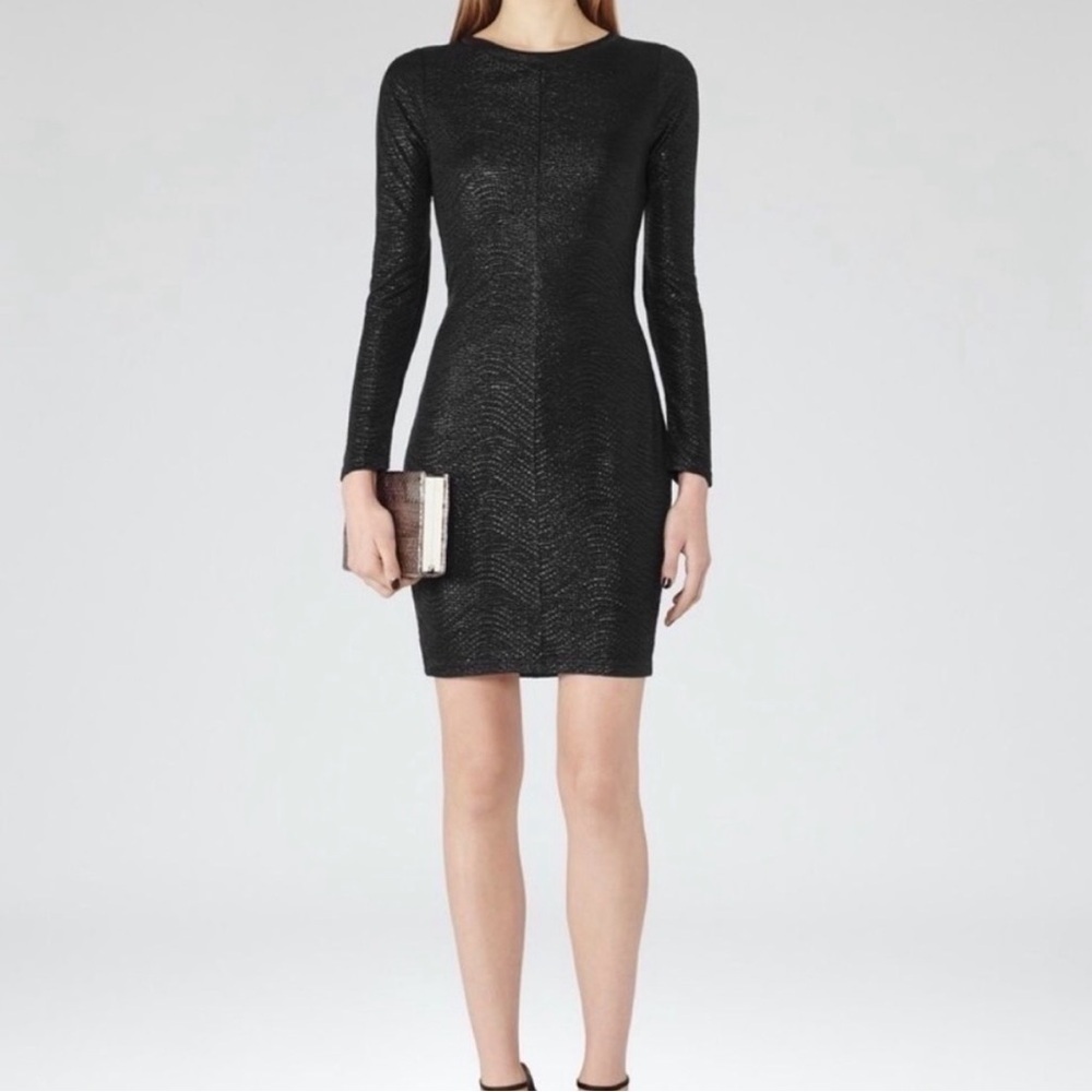 Reiss Abellia Lurex Black Bodycon Mini Dress Long Sleeve Metallic US 0 UK 4